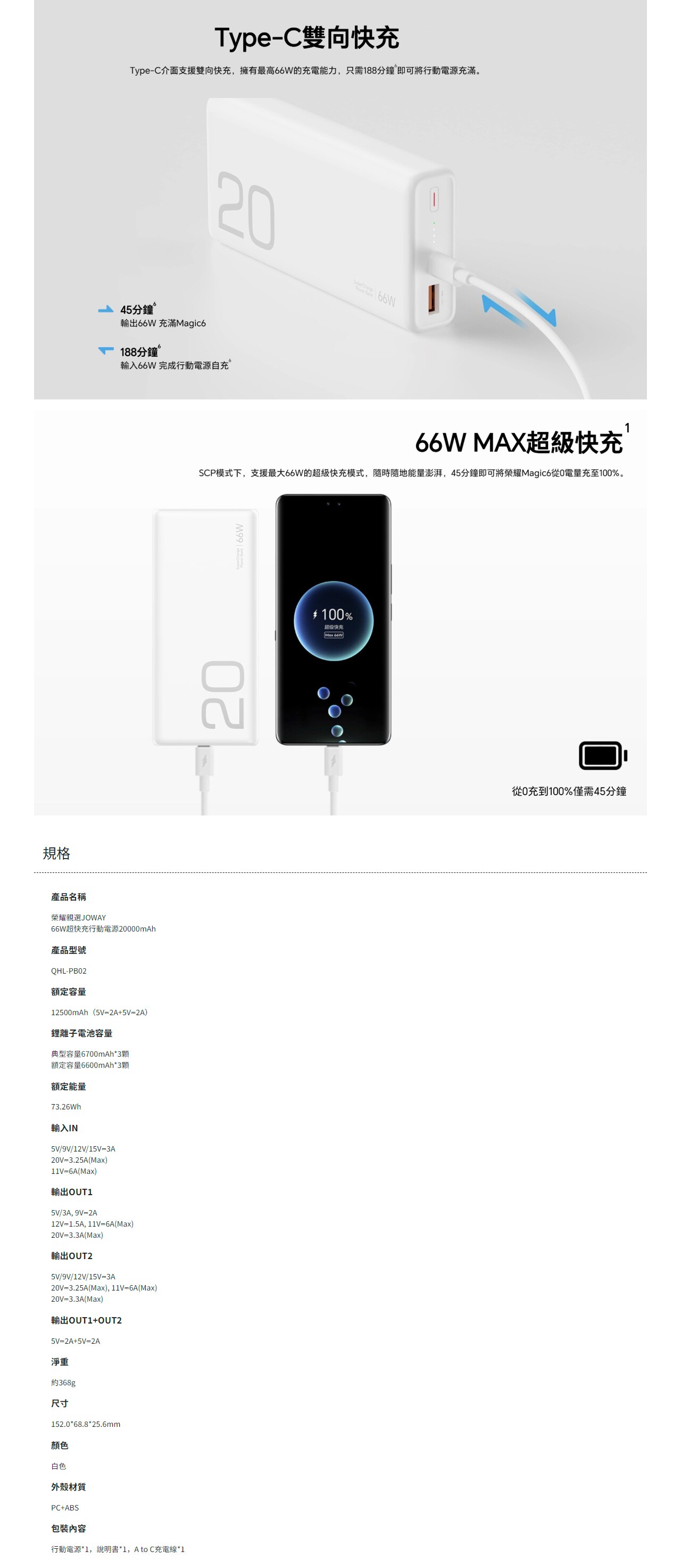 HONOR CHOICE JOWAY 66W SuperCharge Power Bank - 20000mAh